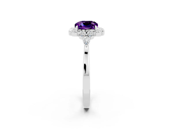 Silver Cushion Cut Amethyst Halo Ring with Pear Side Stones and Prong Setting