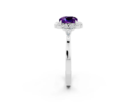 White gold Cushion Cut Amethyst Halo Ring with Pear Side Stones and Prong Setting_26