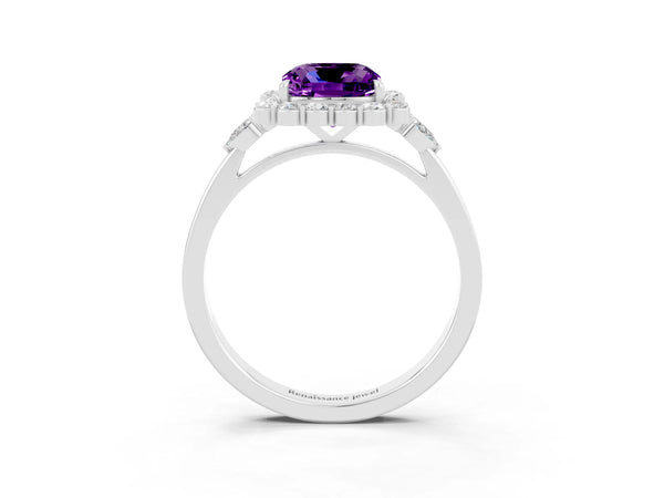Platinum Cushion Cut Amethyst Halo Ring with Pear Side Stones and Prong Setting