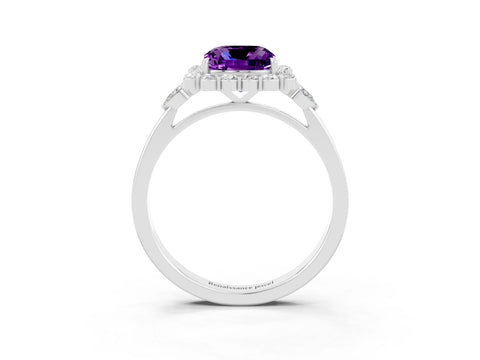 White gold Cushion Cut Amethyst Halo Ring with Pear Side Stones and Prong Setting_27