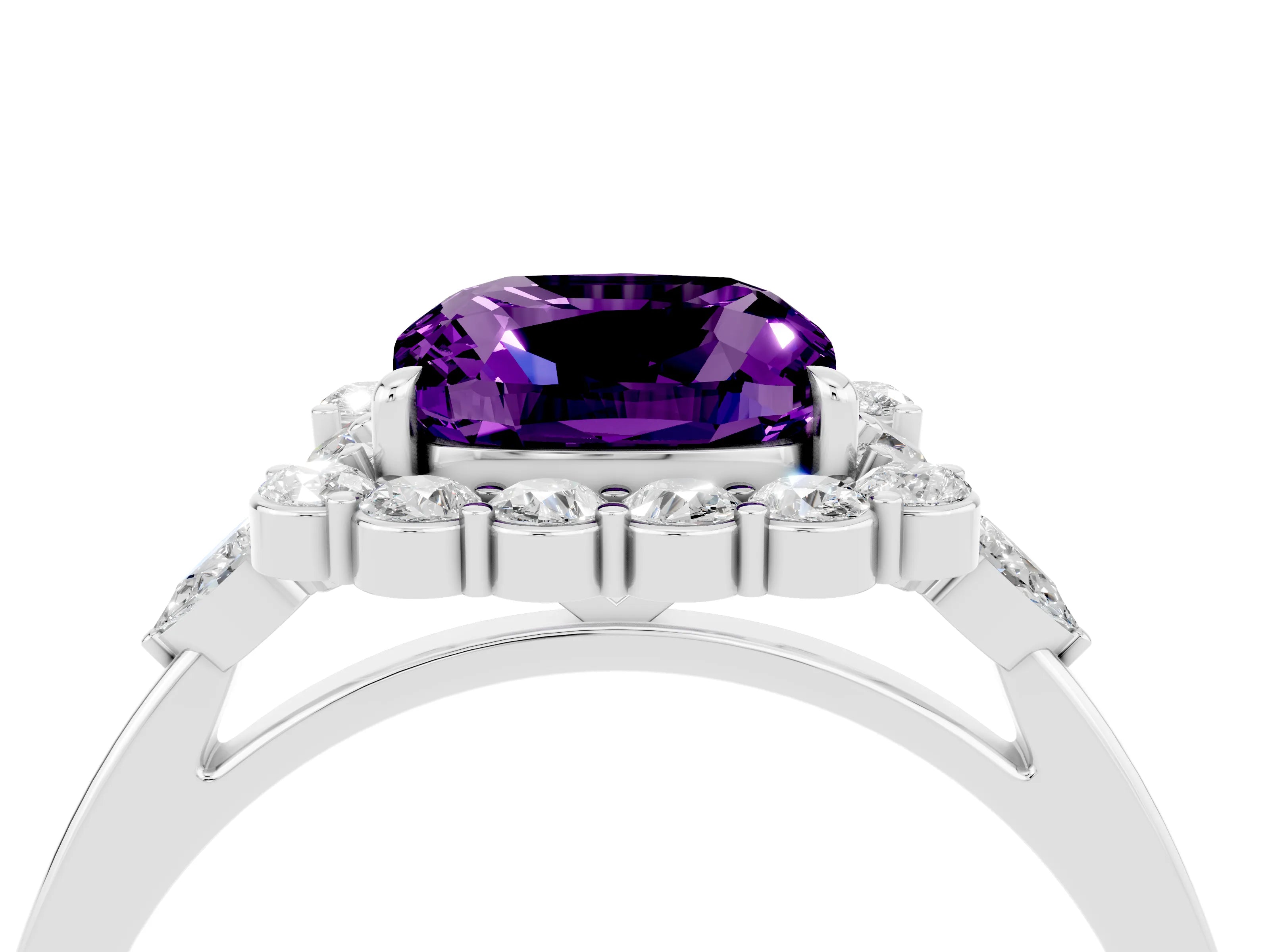 White gold Cushion Cut Amethyst Halo Ring with Pear Side Stones and Prong Setting_28