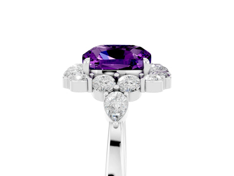 White gold Cushion Cut Amethyst Halo Ring with Pear Side Stones and Prong Setting_29