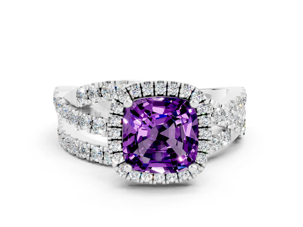 Platinum Cushion Cut Amethyst Halo Ring with Round Split Shank and Prong Setting