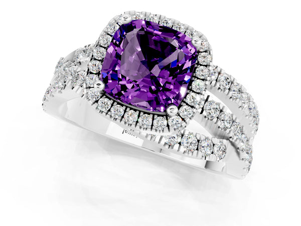 Platinum Cushion Cut Amethyst Halo Ring with Round Split Shank and Prong Setting
