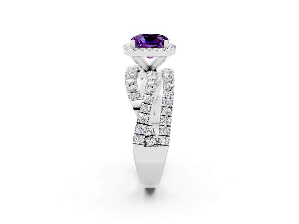Platinum Cushion Cut Amethyst Halo Ring with Round Split Shank and Prong Setting