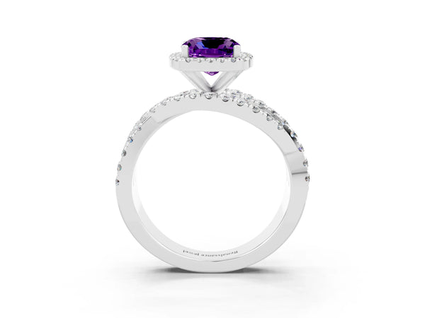 Platinum Cushion Cut Amethyst Halo Ring with Round Split Shank and Prong Setting