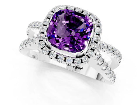 White gold Cushion Cut Amethyst Halo Ring with Split Shank Pavé Band and Prong Setting_1