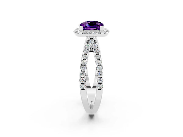 Platinum Cushion Cut Amethyst Halo Ring with Split Shank Pavé Band and Prong Setting