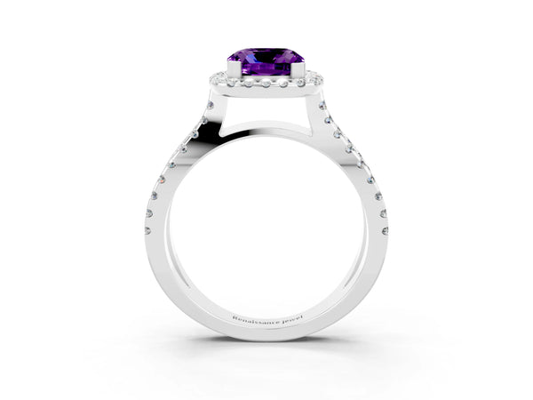 Platinum Cushion Cut Amethyst Halo Ring with Split Shank Pavé Band and Prong Setting