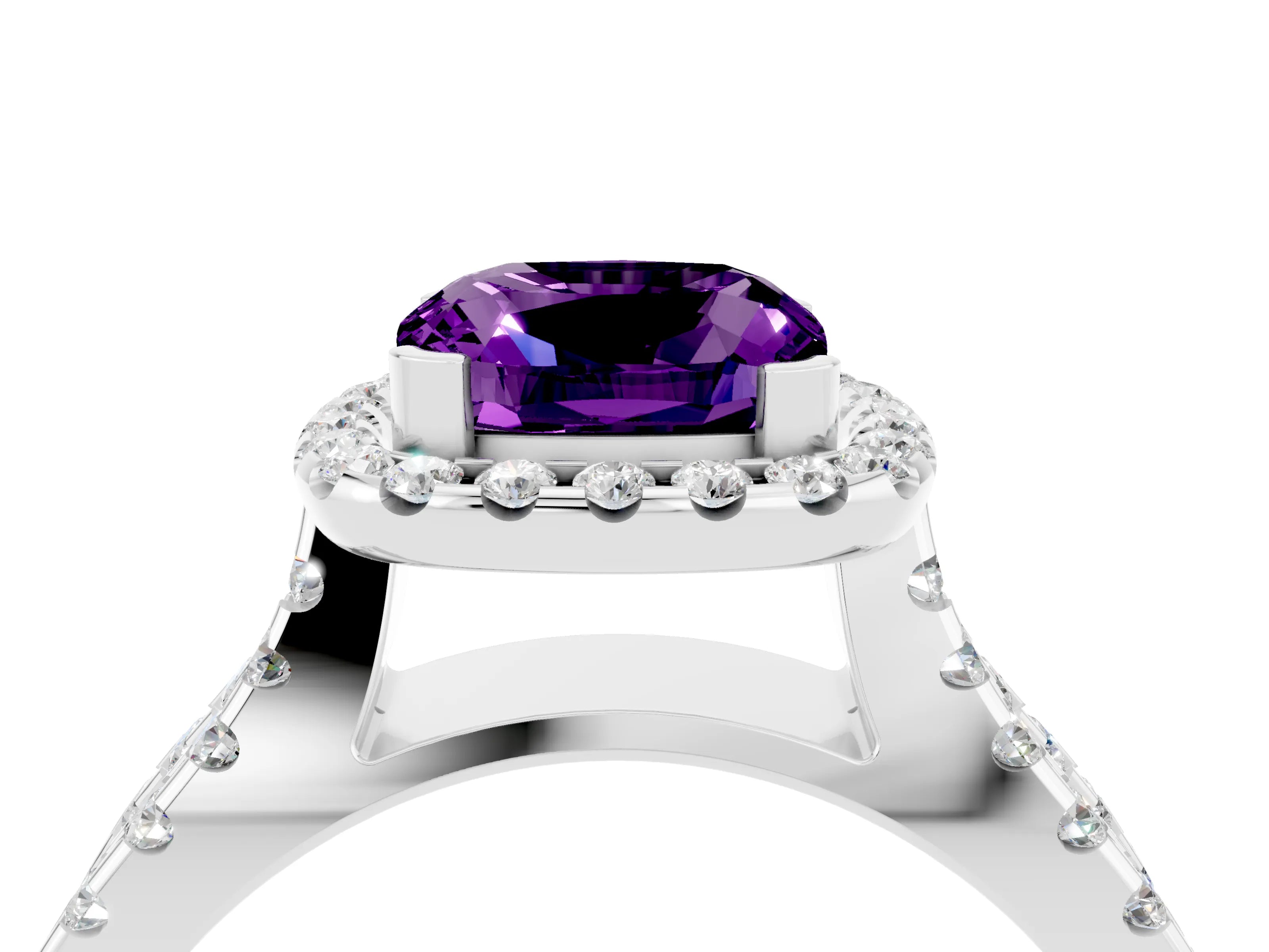 White gold Cushion Cut Amethyst Halo Ring with Split Shank Pavé Band and Prong Setting_4