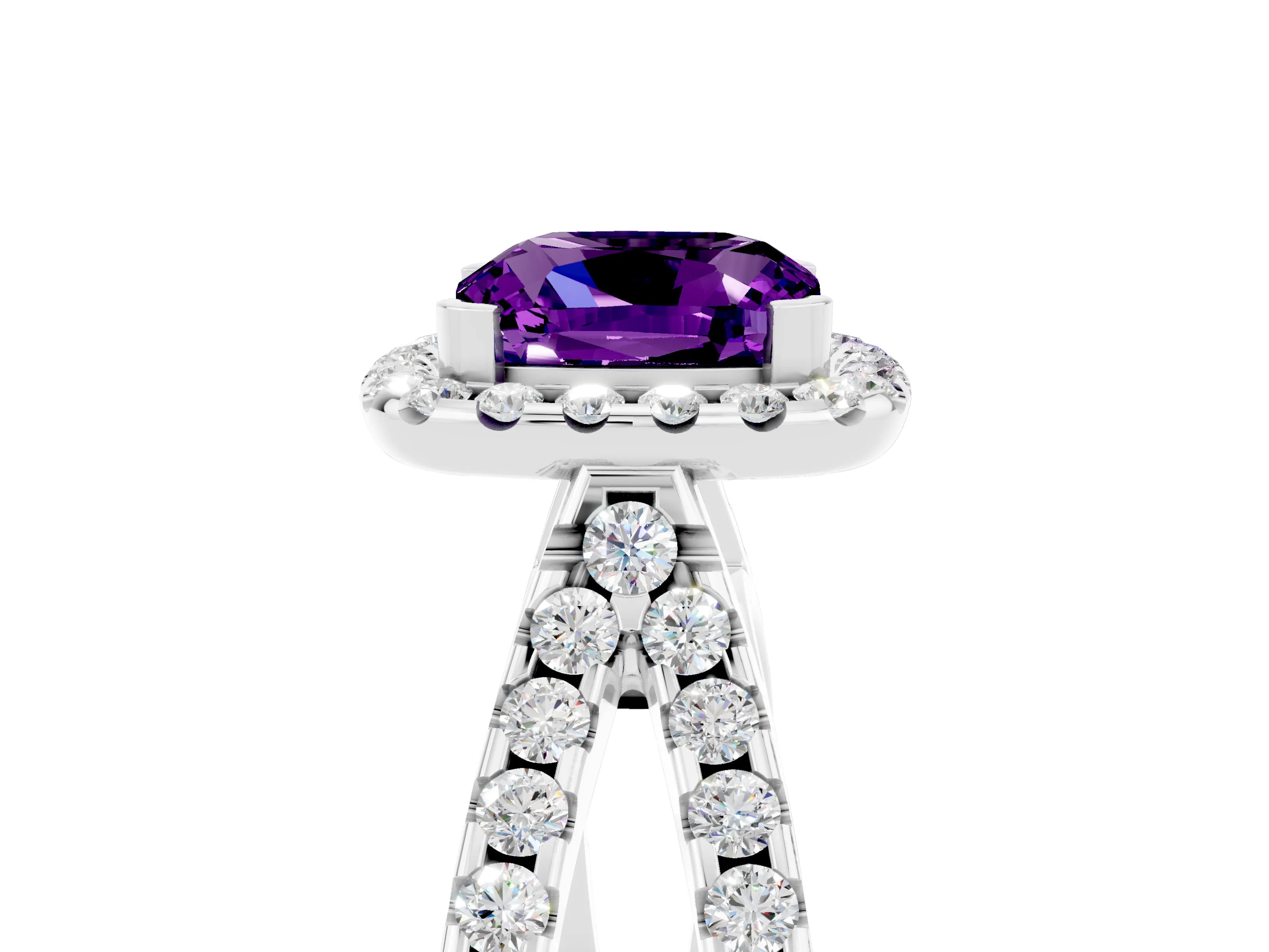 White gold Cushion Cut Amethyst Halo Ring with Split Shank Pavé Band and Prong Setting_5