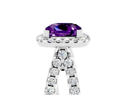 White gold Cushion Cut Amethyst Halo Ring with Split Shank Pavé Band and Prong Setting_5