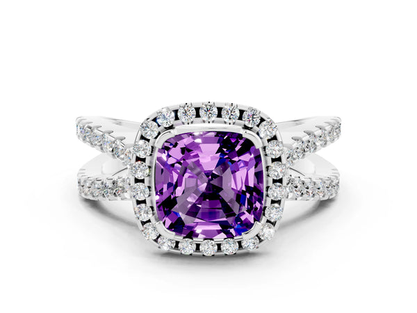 White gold Cushion Cut Amethyst Halo Ring with Split Shank Pavé Band and Prong Setting