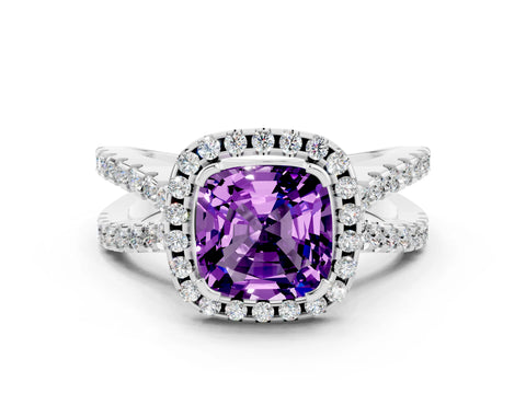 White gold Cushion Cut Amethyst Halo Ring with Split Shank Pavé Band and Prong Setting