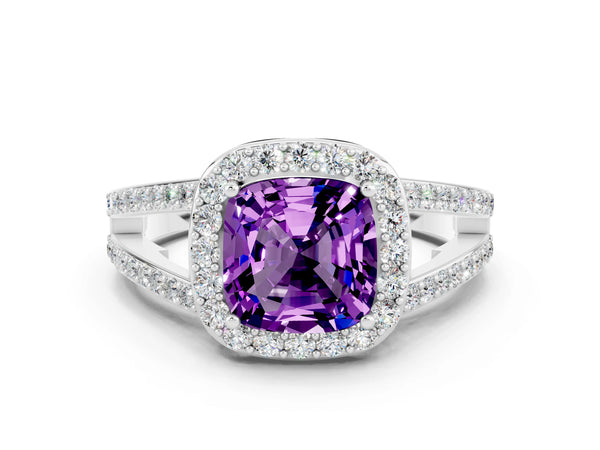 Platinum Cushion Cut Amethyst Halo Ring with Split Shank U-Prong Band and Four-Prong Setting