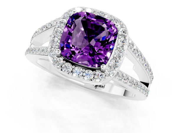 Platinum Cushion Cut Amethyst Halo Ring with Split Shank U-Prong Band and Four-Prong Setting