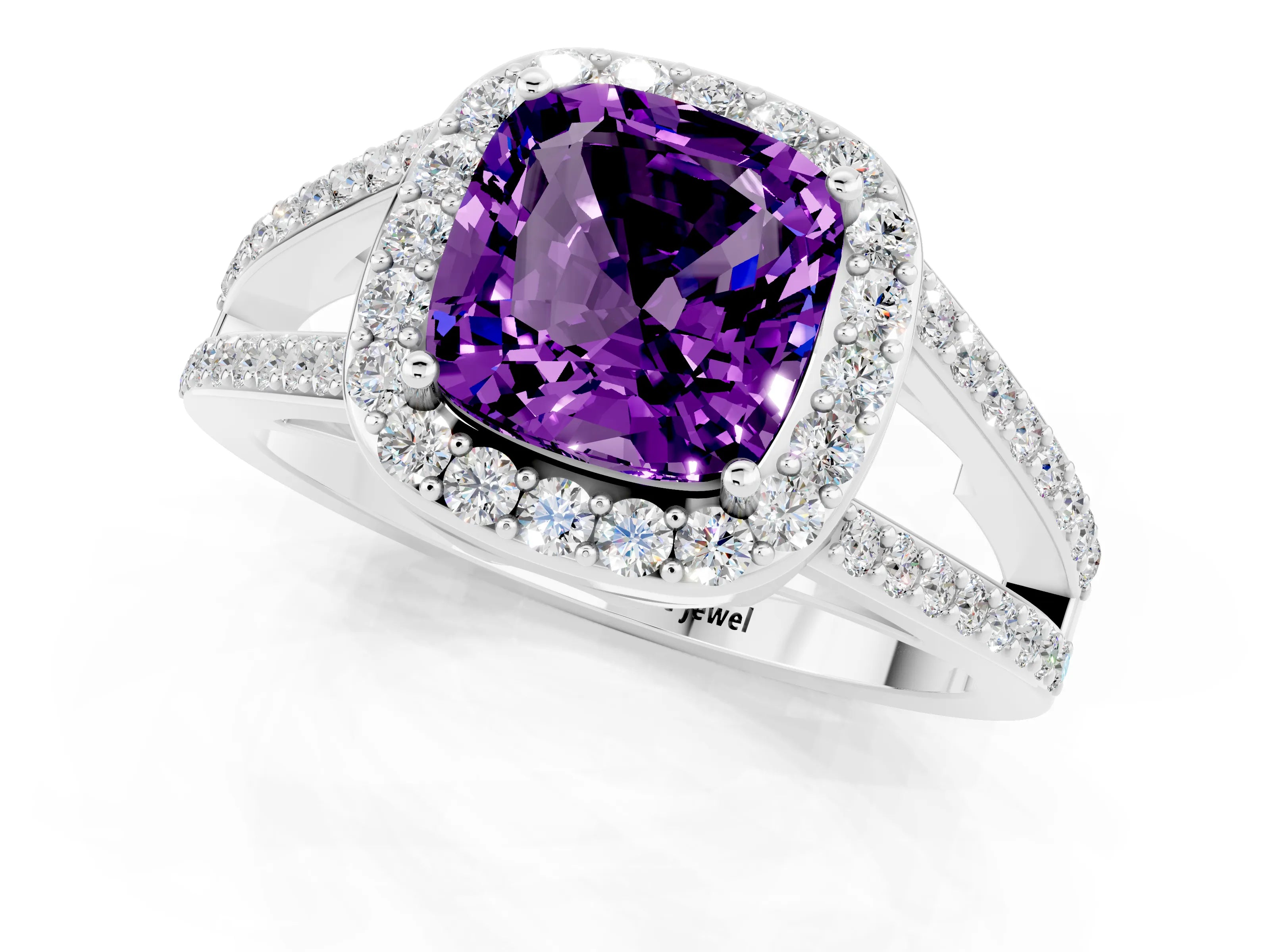 White gold Cushion Cut Amethyst Halo Ring with Split Shank U-Prong Band and Four-Prong Setting_1