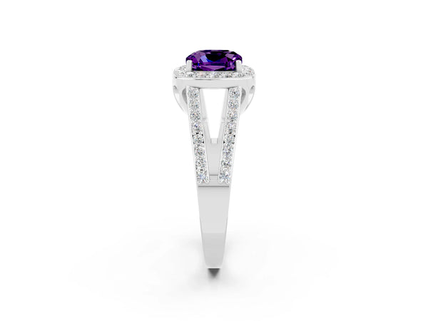 Platinum Cushion Cut Amethyst Halo Ring with Split Shank U-Prong Band and Four-Prong Setting