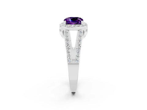 White gold Cushion Cut Amethyst Halo Ring with Split Shank U-Prong Band and Four-Prong Setting_2