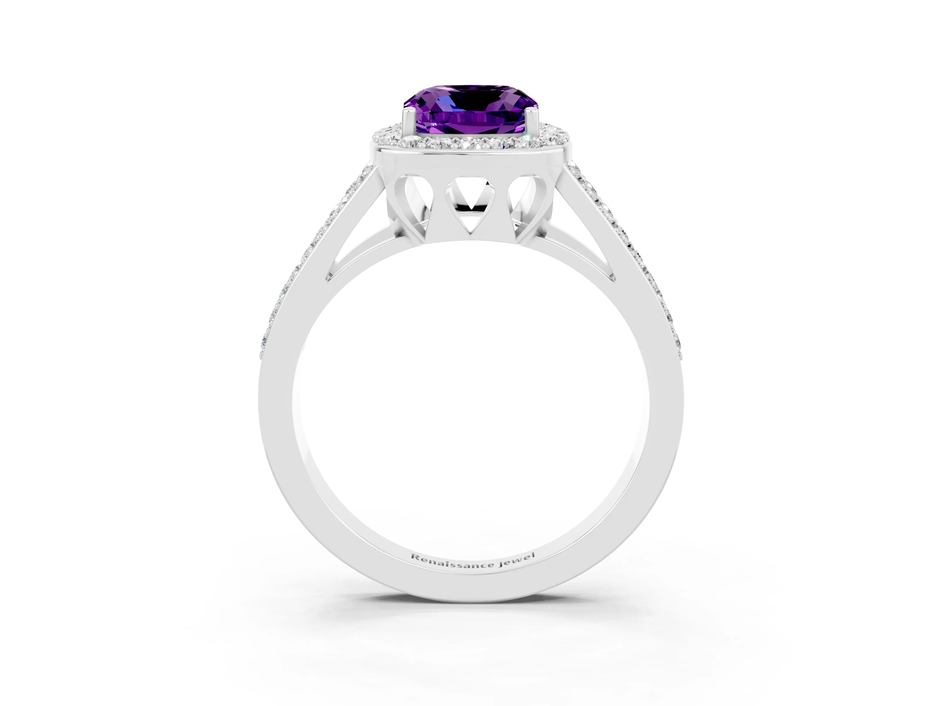 White gold Cushion Cut Amethyst Halo Ring with Split Shank U-Prong Band and Four-Prong Setting_3