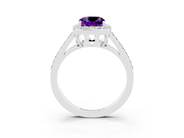 Platinum Cushion Cut Amethyst Halo Ring with Split Shank U-Prong Band and Four-Prong Setting