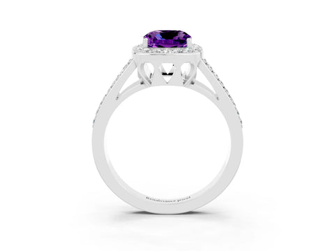 White gold Cushion Cut Amethyst Halo Ring with Split Shank U-Prong Band and Four-Prong Setting_3