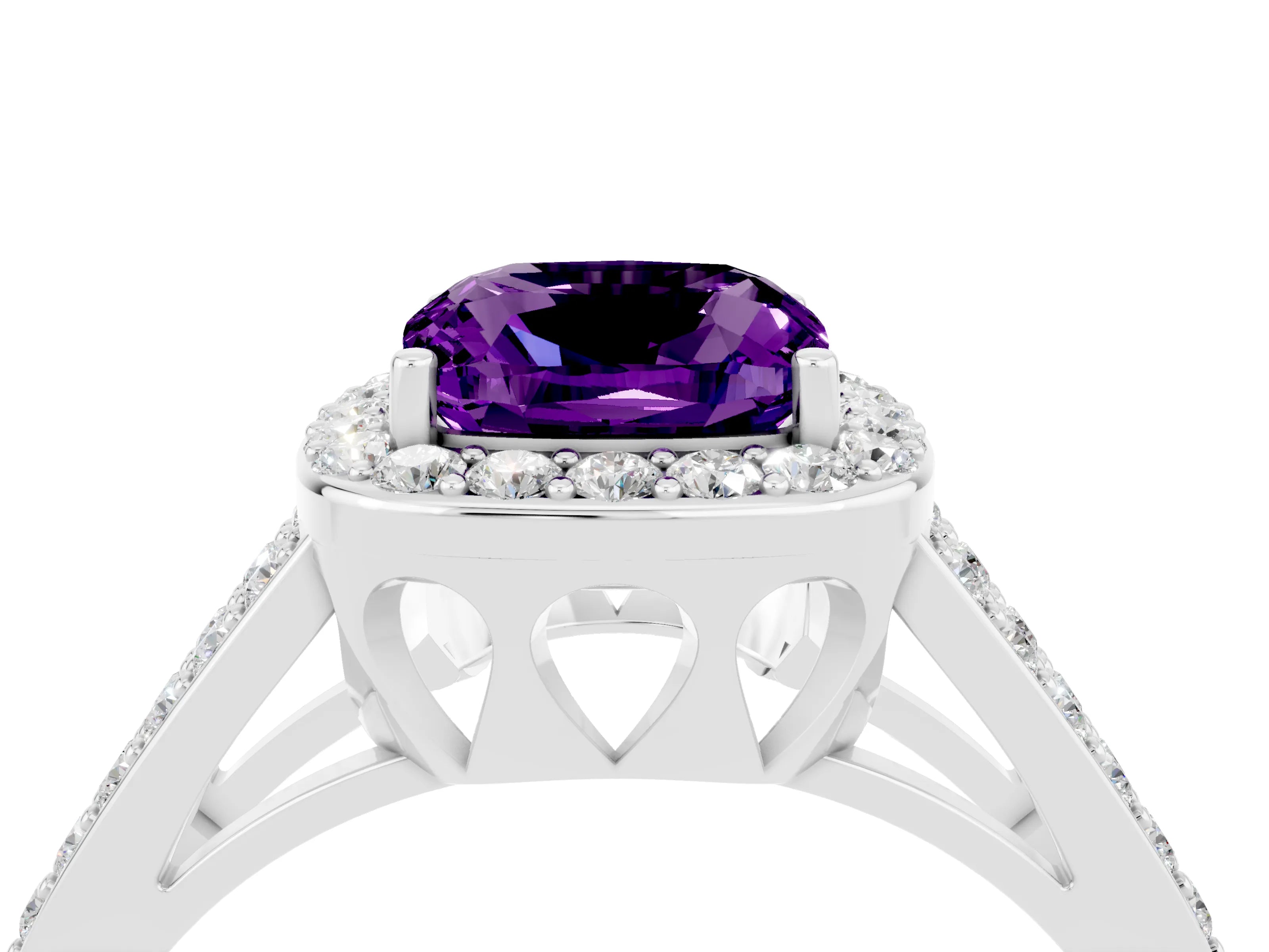 White gold Cushion Cut Amethyst Halo Ring with Split Shank U-Prong Band and Four-Prong Setting_4