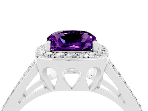 White gold Cushion Cut Amethyst Halo Ring with Split Shank U-Prong Band and Four-Prong Setting_4