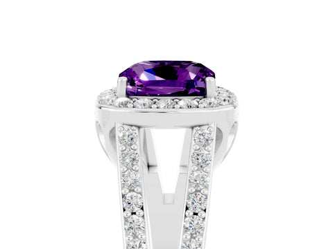 White gold Cushion Cut Amethyst Halo Ring with Split Shank U-Prong Band and Four-Prong Setting_5