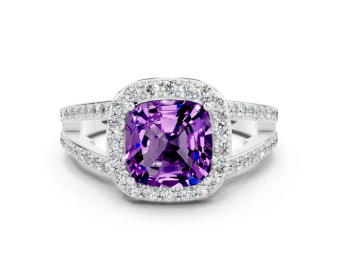 White gold Cushion Cut Amethyst Halo Ring with Split Shank U-Prong Band and Four-Prong Setting