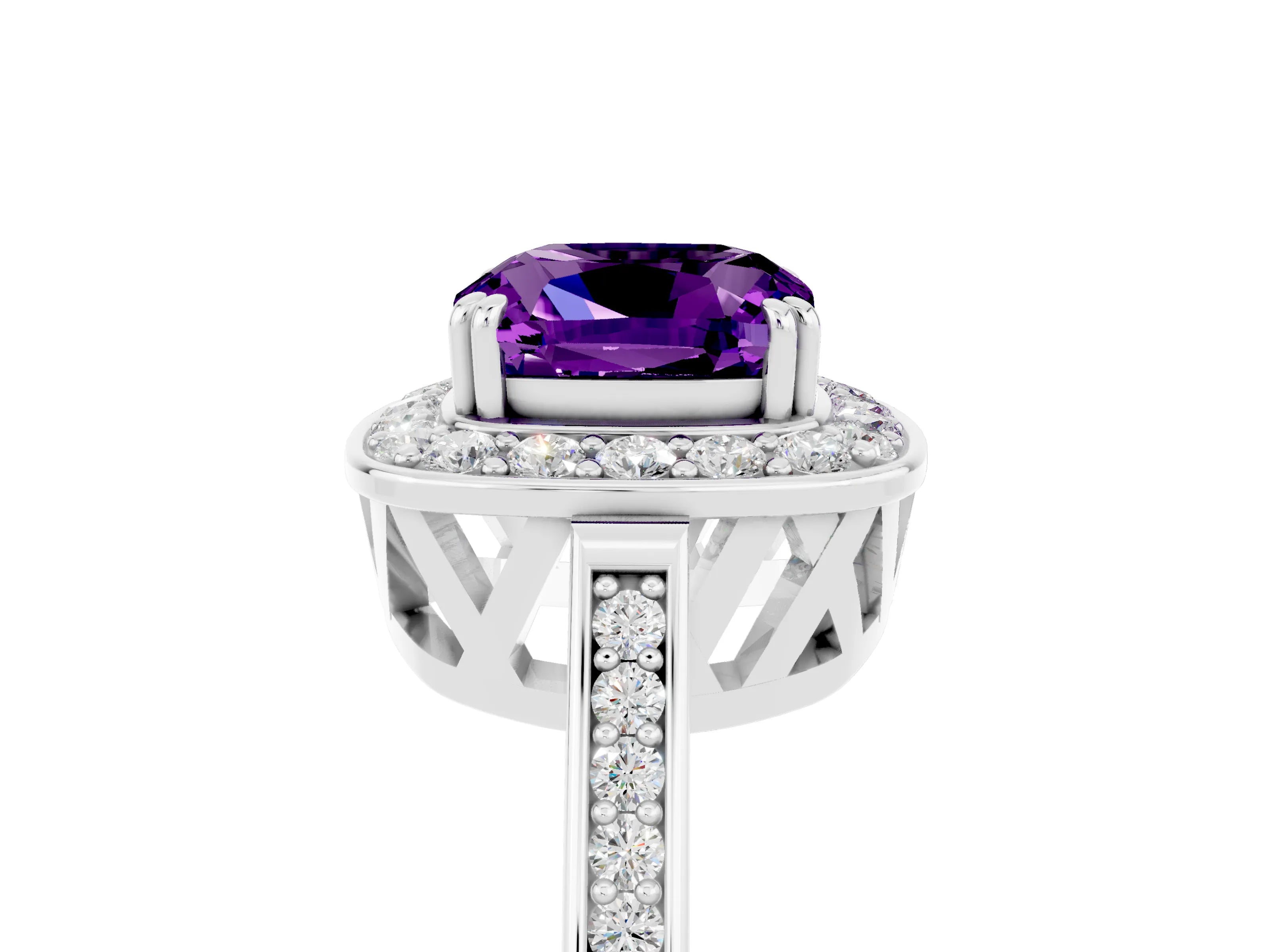 White gold Cushion Cut Amethyst Halo Ring with Split Shank and Four-Prong Setting_11