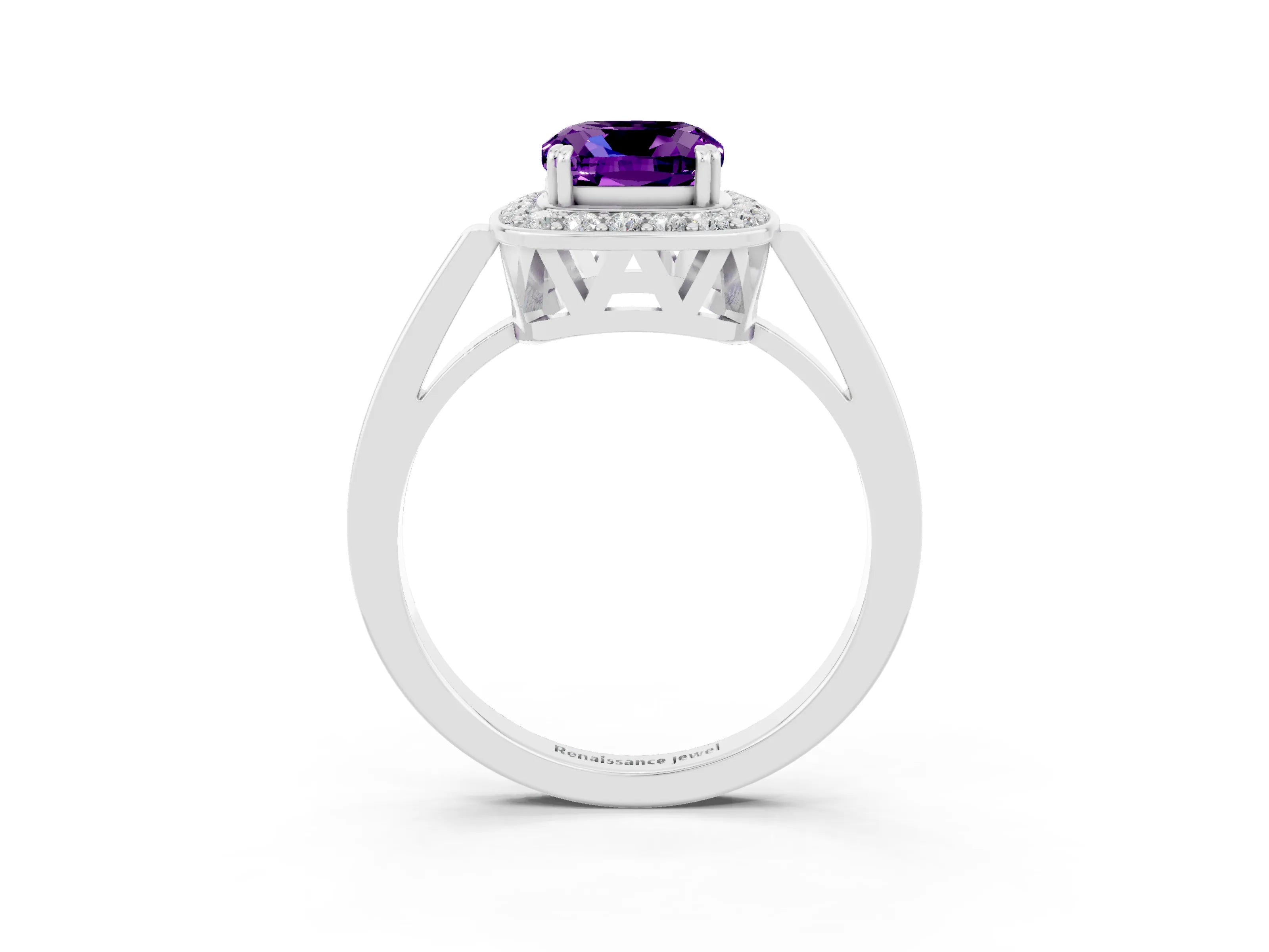 White gold Cushion Cut Amethyst Halo Ring with Split Shank and Four-Prong Setting_15