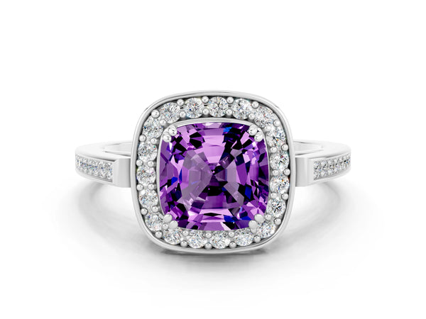 Platinum Cushion Cut Amethyst Halo Ring with Split Shank and Four-Prong Setting