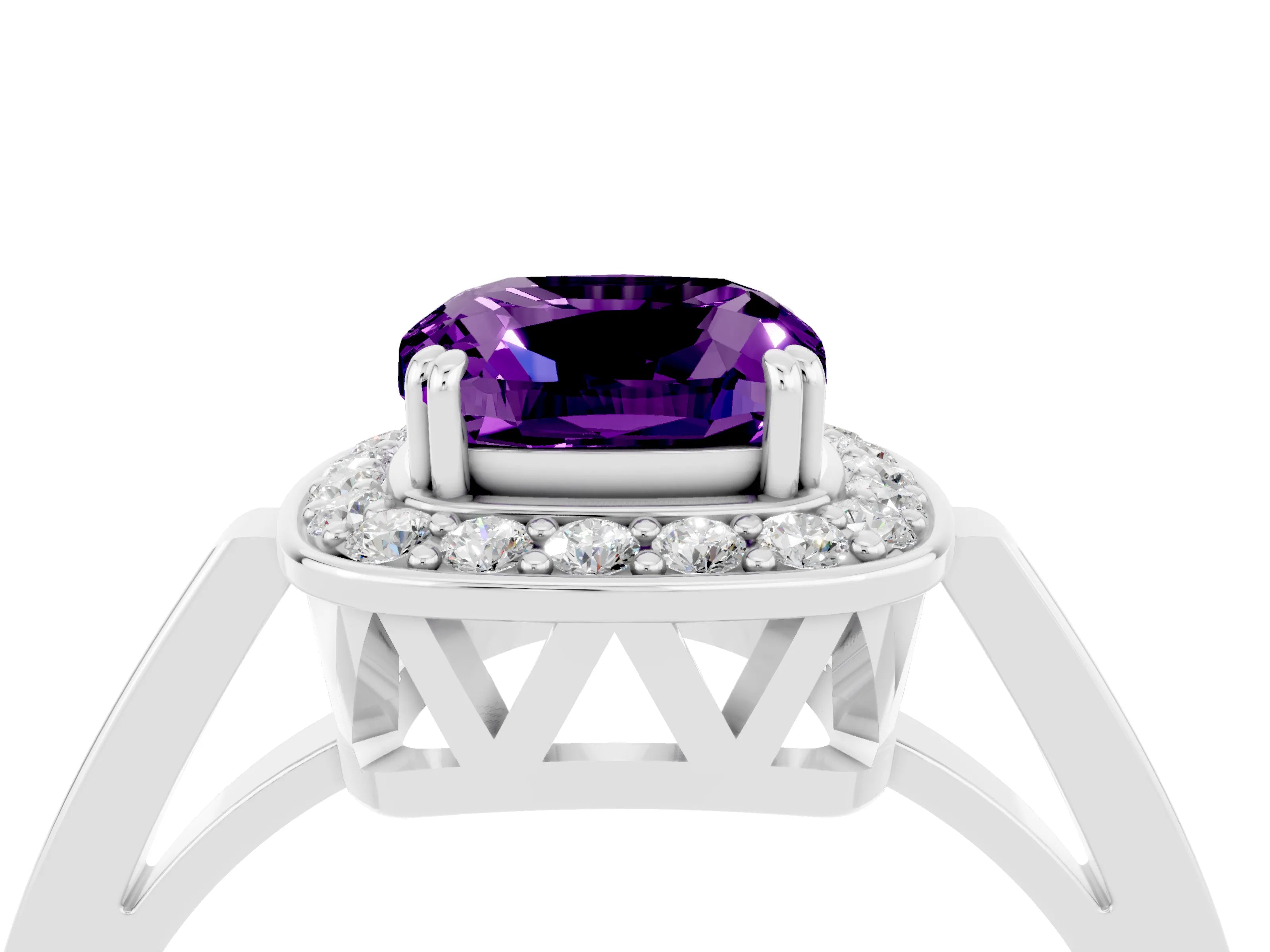 White gold Cushion Cut Amethyst Halo Ring with Split Shank and Four-Prong Setting_28