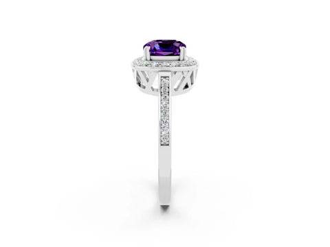 White gold Cushion Cut Amethyst Halo Ring with Split Shank and Four-Prong Setting_2