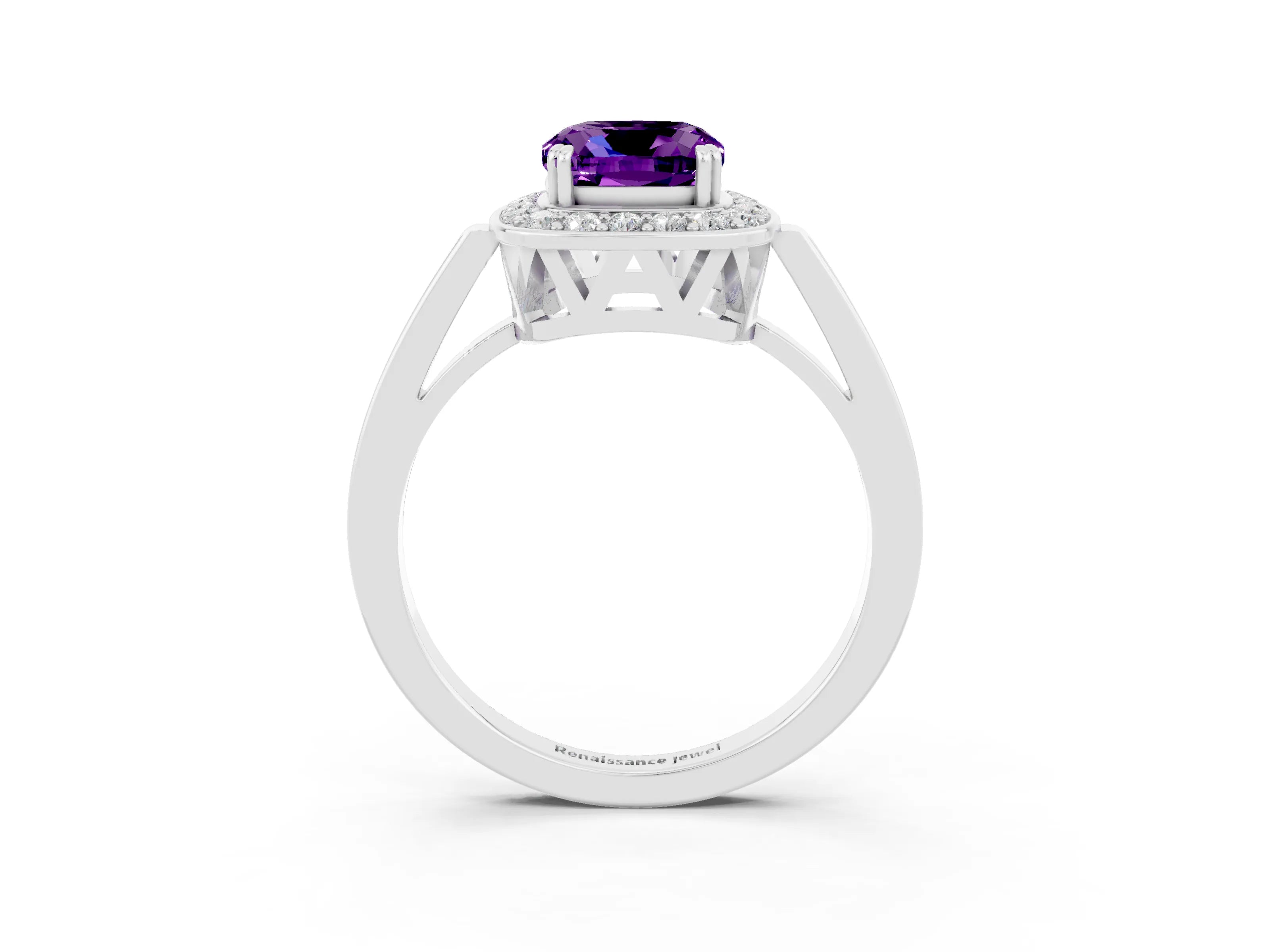White gold Cushion Cut Amethyst Halo Ring with Split Shank and Four-Prong Setting_3