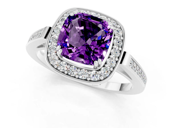 White gold Cushion Cut Amethyst Halo Ring with Split Shank and Four-Prong Setting