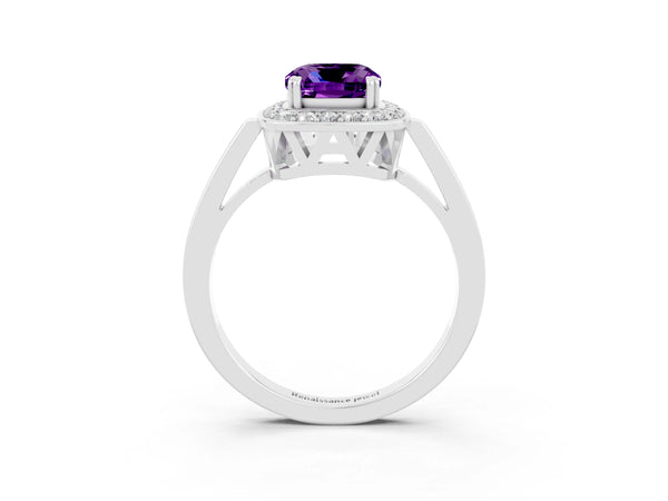 White gold Cushion Cut Amethyst Halo Ring with Split Shank and Four-Prong Setting