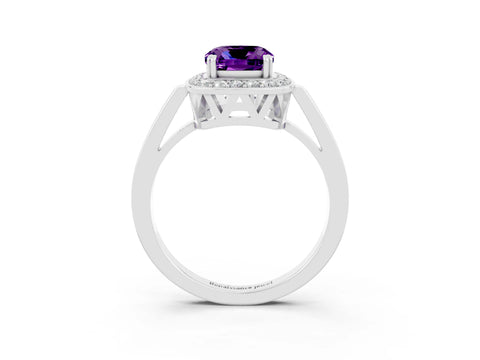 White gold Cushion Cut Amethyst Halo Ring with Split Shank and Four-Prong Setting_3