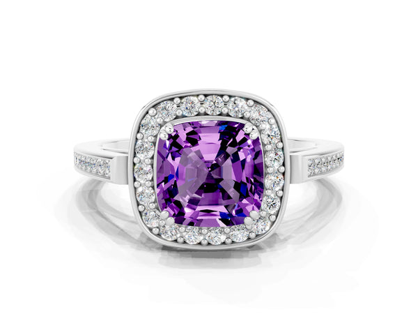 Silver Cushion Cut Amethyst Halo Ring with Split Shank and Four-Prong Setting