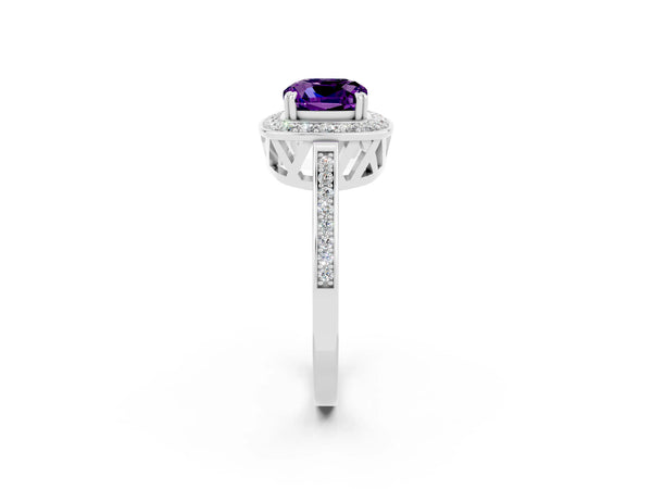 Silver Cushion Cut Amethyst Halo Ring with Split Shank and Four-Prong Setting