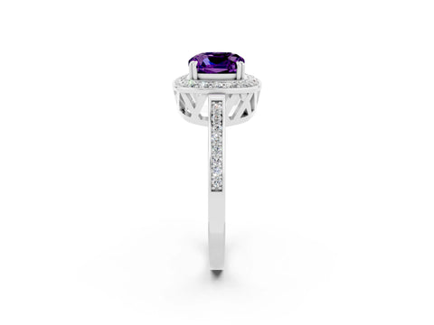 White gold Cushion Cut Amethyst Halo Ring with Split Shank and Four-Prong Setting_8