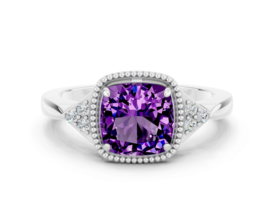 White gold Cushion Cut Amethyst Halo Ring with Tapered Band and Four-Prong Setting