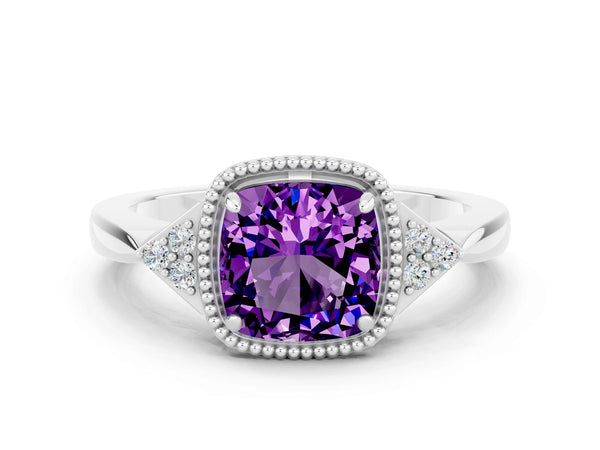 Platinum Cushion Cut Amethyst Halo Ring with Tapered Band and Four-Prong Setting