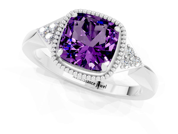 Silver Cushion Cut Amethyst Halo Ring with Tapered Band and Four-Prong Setting