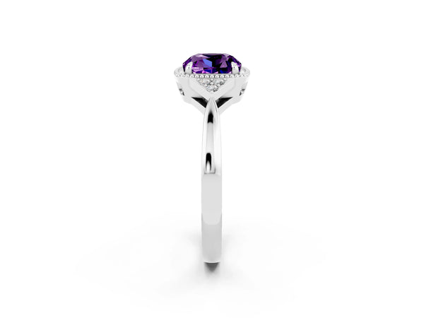 Platinum Cushion Cut Amethyst Halo Ring with Tapered Band and Four-Prong Setting