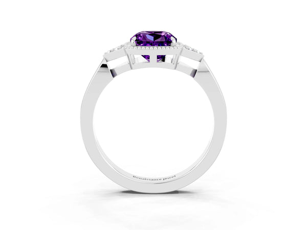 White gold Cushion Cut Amethyst Halo Ring with Tapered Band and Four-Prong Setting