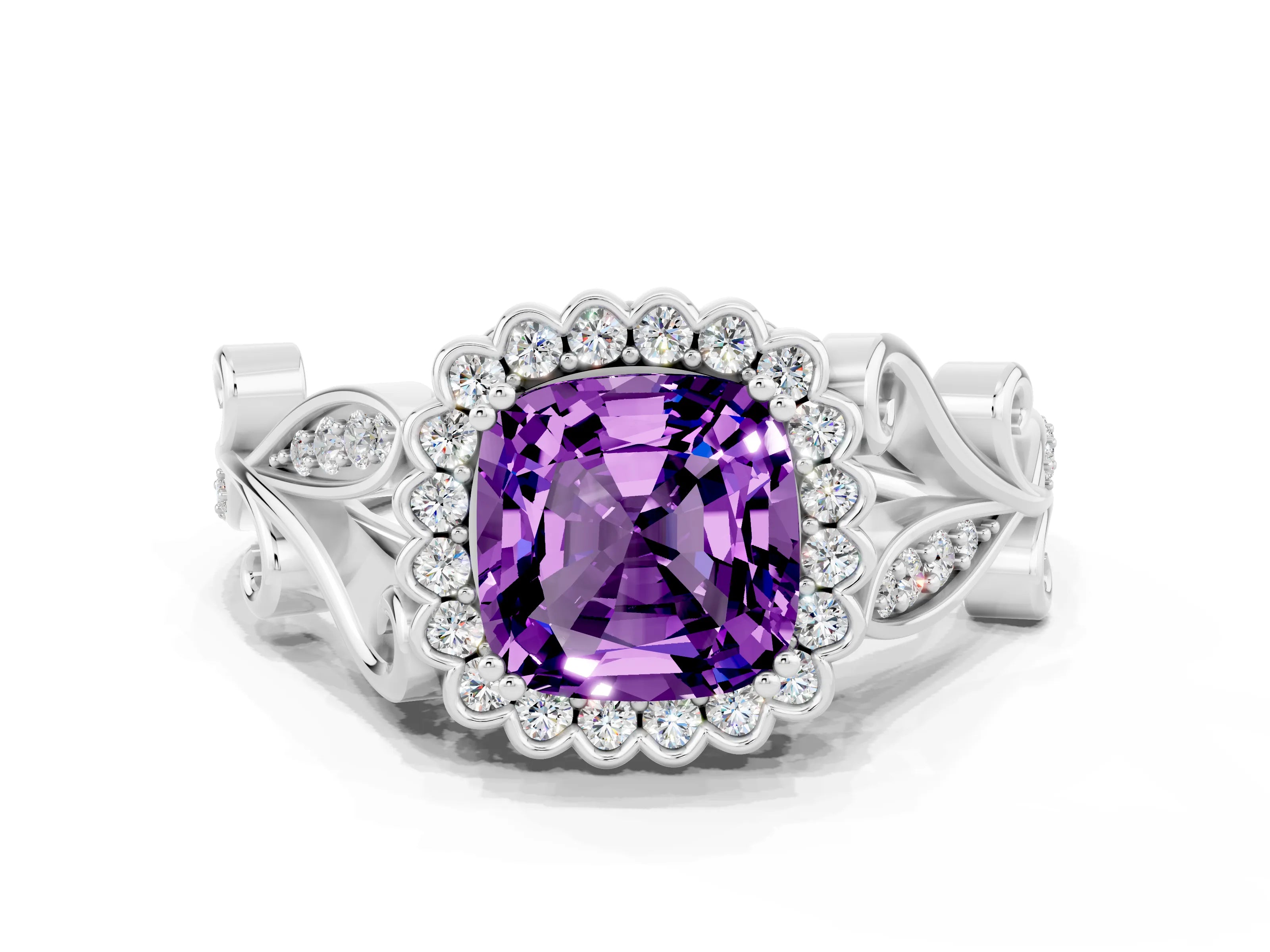 White gold Cushion Cut Amethyst Halo Ring with Vintage Split Shank and Four-Prong Setting_24