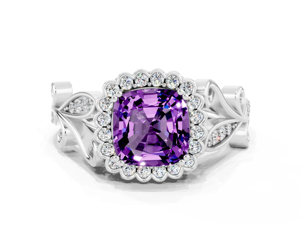 Platinum Cushion Cut Amethyst Halo Ring with Vintage Split Shank and Four-Prong Setting