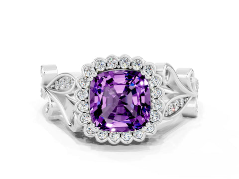 White gold Cushion Cut Amethyst Halo Ring with Vintage Split Shank and Four-Prong Setting_24